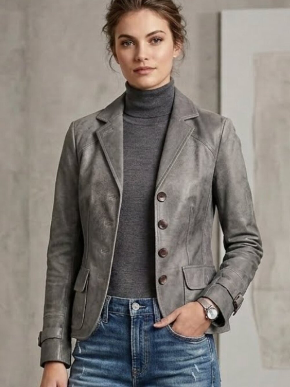 Stylish and figure flattering DANIER Vintage Grey Leather Blazer Jacket